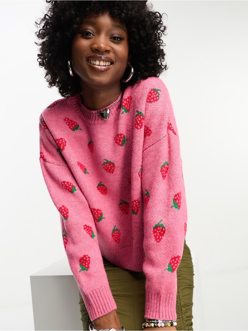 Noisy May Pink Strawberry Knit Sweater